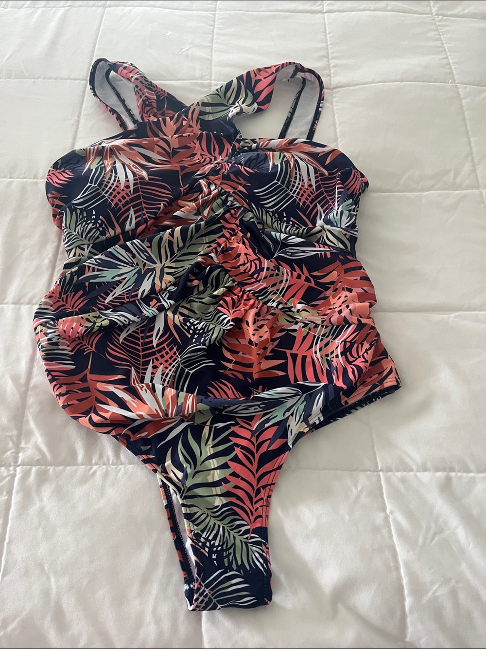 Tropical Leaf One-Piece Swimsuit in Black & Coral